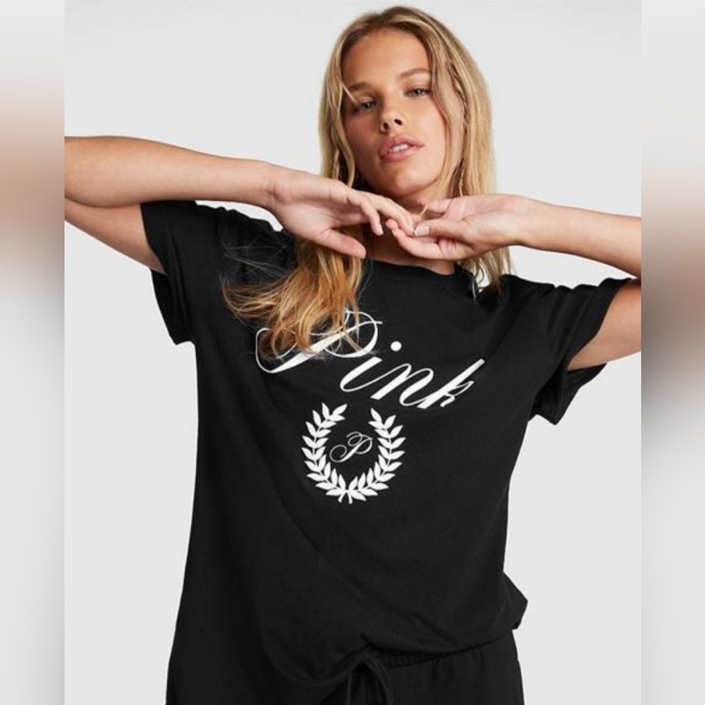 PINK Victoria’s Secret Oversized Black Graphic Tee | Script Logo SIZE Medium